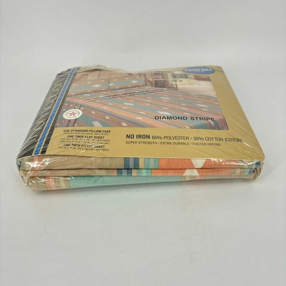 Vintage Thomaston Twin Size Sheet Set Ivory Diamond Stripe No Iron 3 Piece NOS - Picture 6 of 9